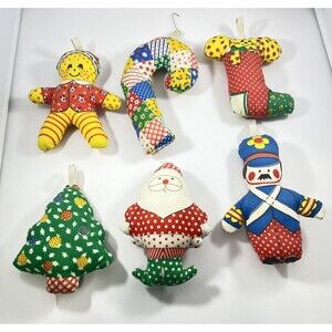 Vintage Handmade Cloth Christmas Ornaments Patchwork Plush Set of 6 Holiday Lot